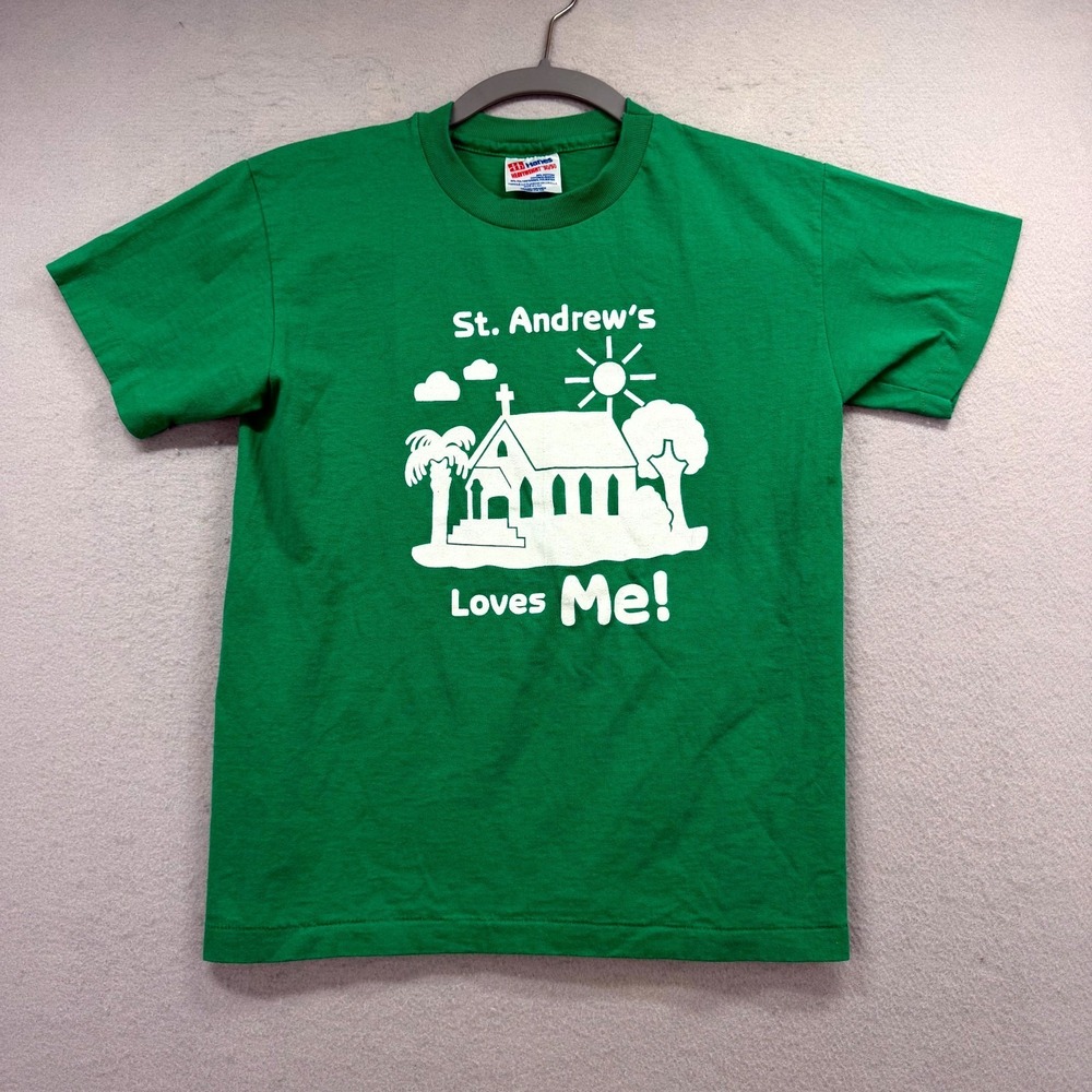 Hanes Heavyweight T-Shirt Boys Large Green St Andrews Loves Me Single Stitch VTG